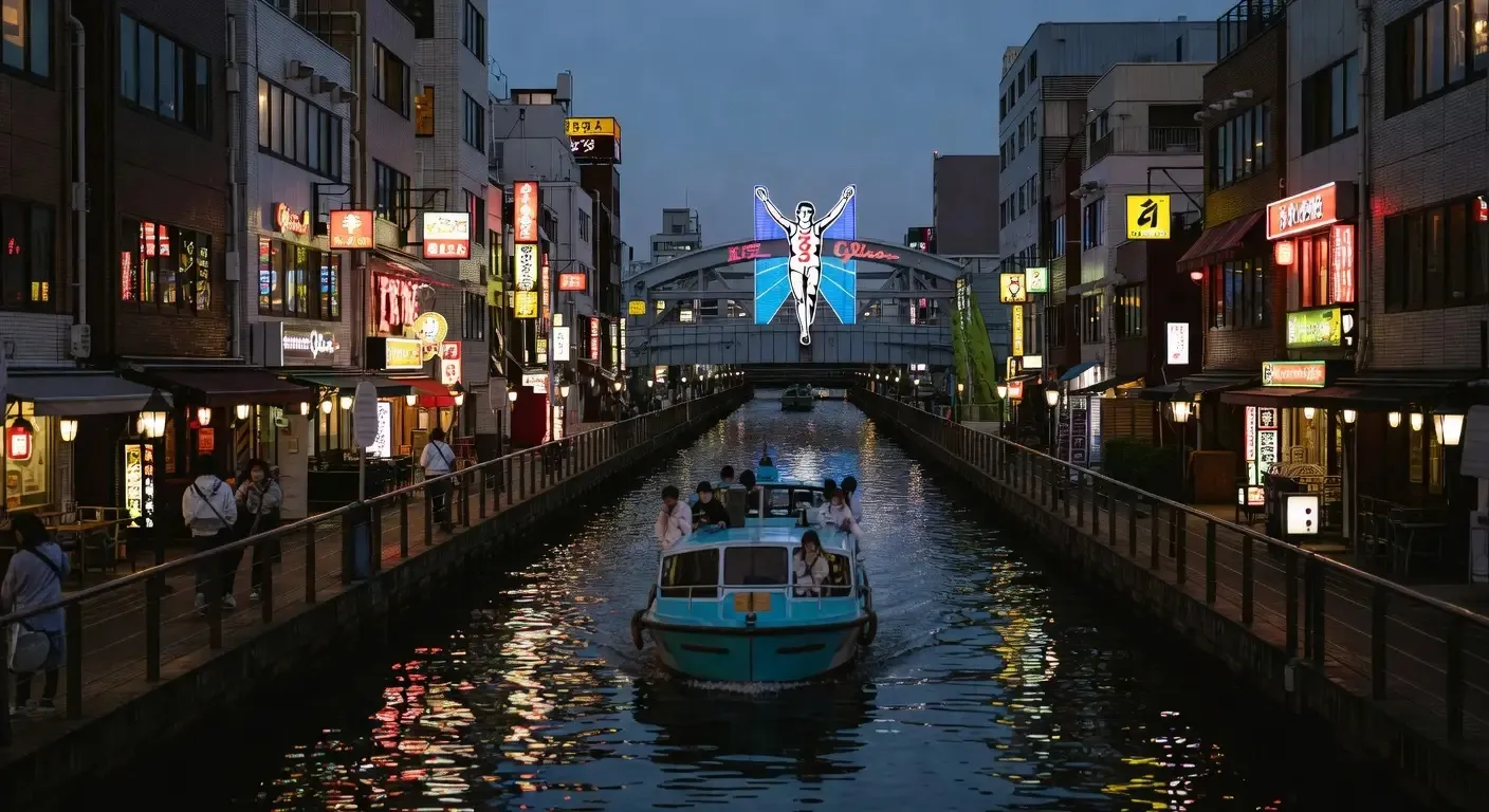 Osaka Dotonbori canal at night with neon signs and the Glico sign — the backdrop to the Kickstart Tour evening format