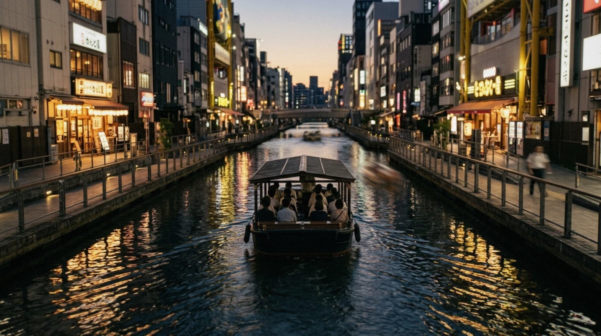 Boats lit by neon signage during an Osaka river cruise at night along the Dotonbori canal